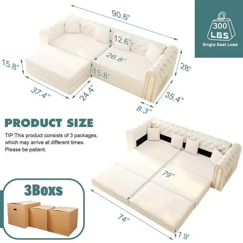 Modern 3-in-1 Convertible Sleeper Sofa Bed with Ottoman and Pillows, Velvet Reclining Couch for Living Room, Guest Room or Lounge - Panipeachy