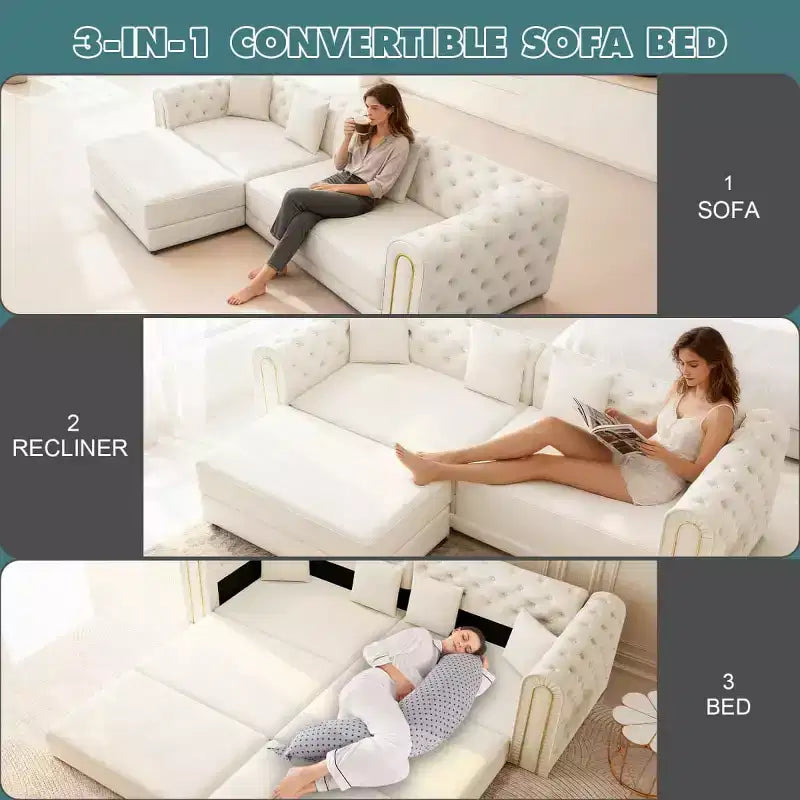 Modern 3-in-1 Convertible Sleeper Sofa Bed with Ottoman and Pillows, Velvet Reclining Couch for Living Room, Guest Room or Lounge - Panipeachy