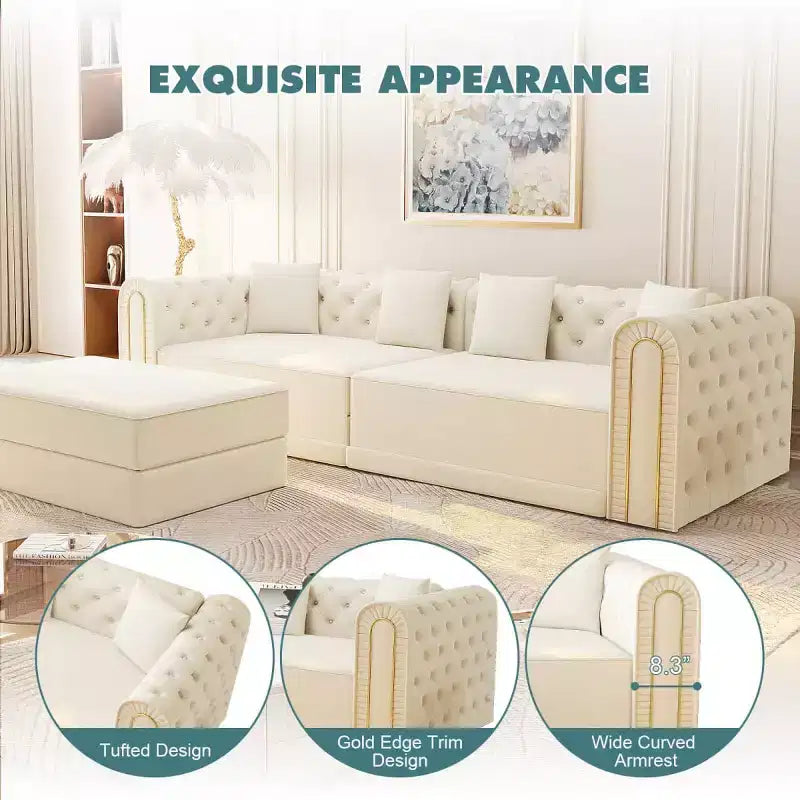 Modern 3-in-1 Convertible Sleeper Sofa Bed with Ottoman and Pillows, Velvet Reclining Couch for Living Room, Guest Room or Lounge - Panipeachy