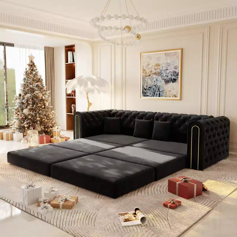 Modern 3-in-1 Convertible Sleeper Sofa Bed with Ottoman and Pillows, Velvet Reclining Couch for Living Room, Guest Room or Lounge - Panipeachy