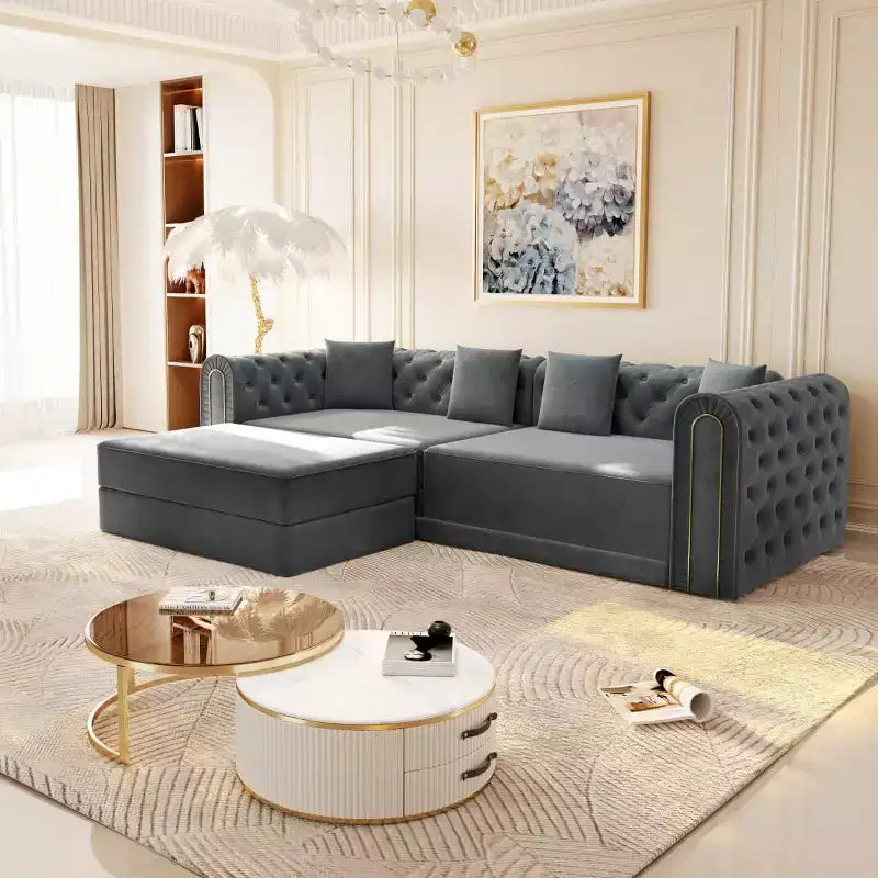 Modern 3-in-1 Convertible Sleeper Sofa Bed with Ottoman and Pillows, Velvet Reclining Couch for Living Room, Guest Room or Lounge - Panipeachy