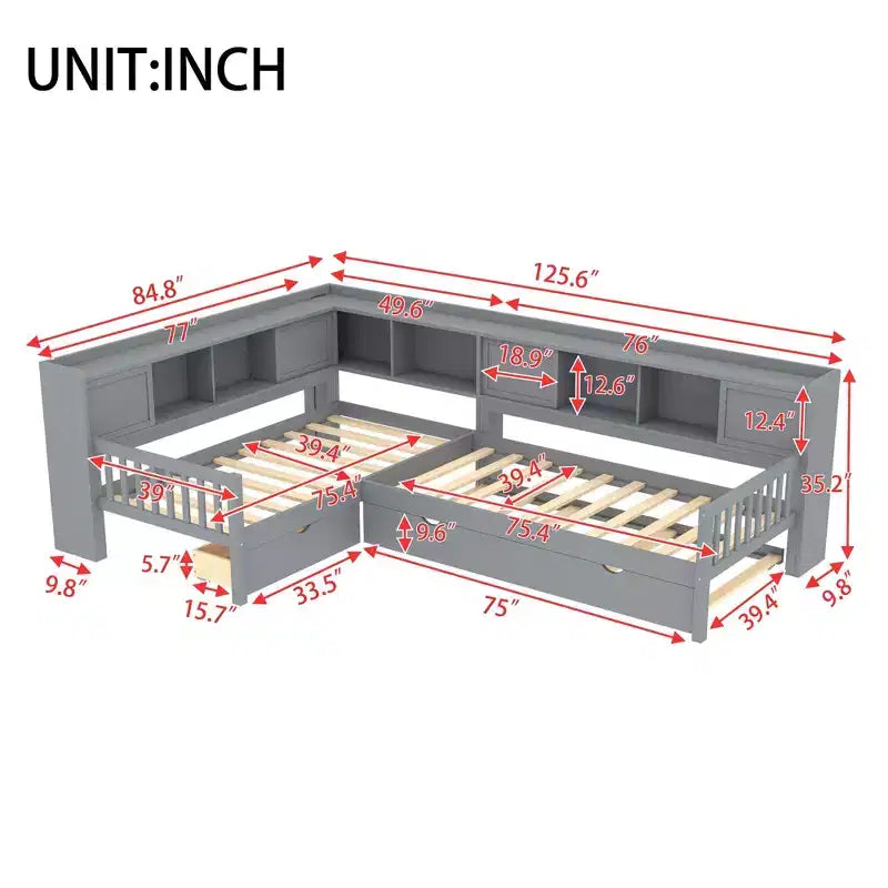 L-shaped Platform Bed Twin Size with Trundle Solid Wood Platform Bed with Storage Drawers and Shelves No Spring Box Needed Grey