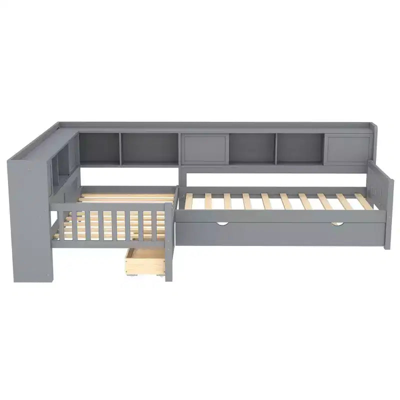 L-shaped Platform Bed Twin Size with Trundle Solid Wood Platform Bed with Storage Drawers and Shelves No Spring Box Needed Grey