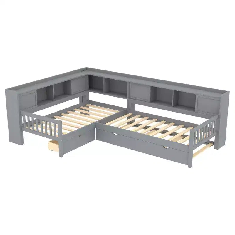 L-shaped Platform Bed Twin Size with Trundle Solid Wood Platform Bed with Storage Drawers and Shelves No Spring Box Needed Grey