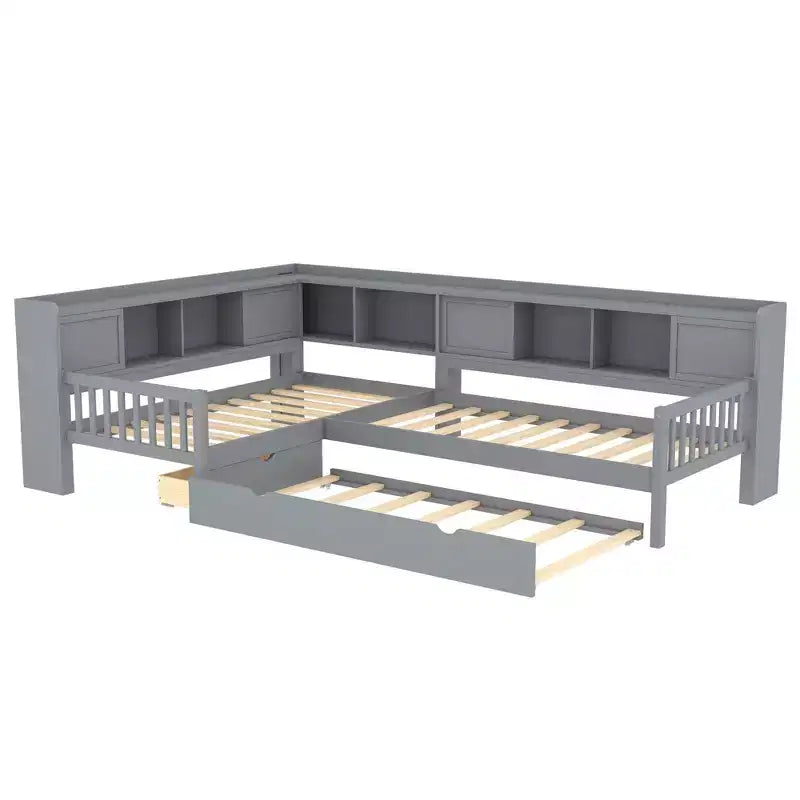 L-shaped Platform Bed Twin Size with Trundle Solid Wood Platform Bed with Storage Drawers and Shelves No Spring Box Needed Grey