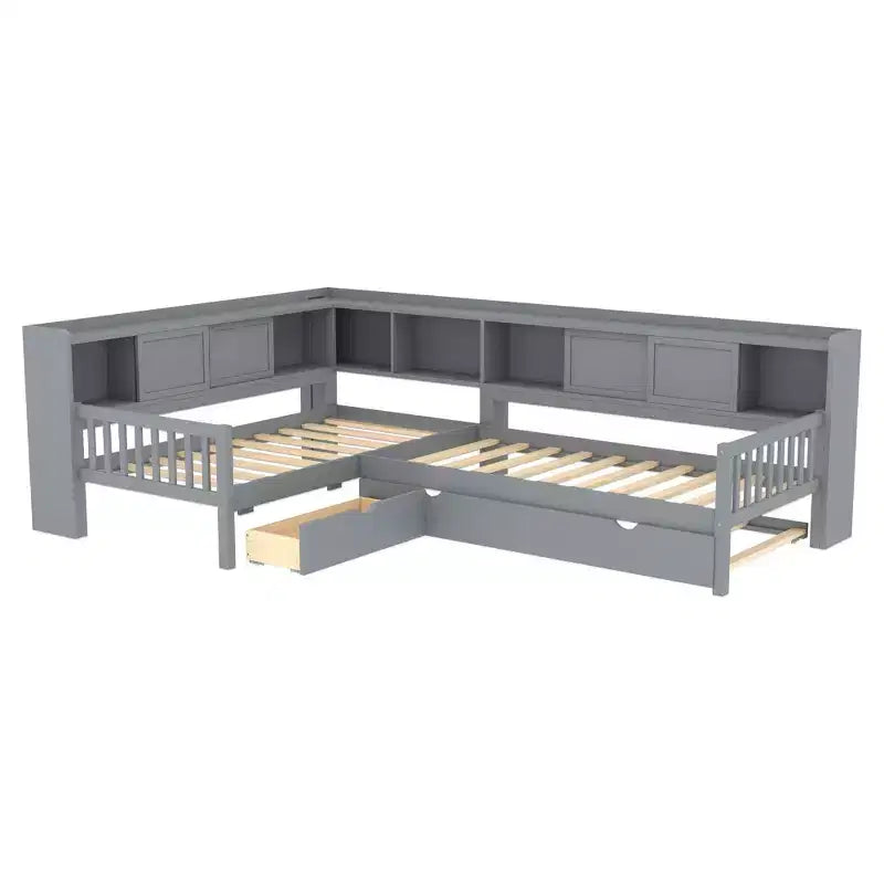 L-shaped Platform Bed Twin Size with Trundle Solid Wood Platform Bed with Storage Drawers and Shelves No Spring Box Needed Grey