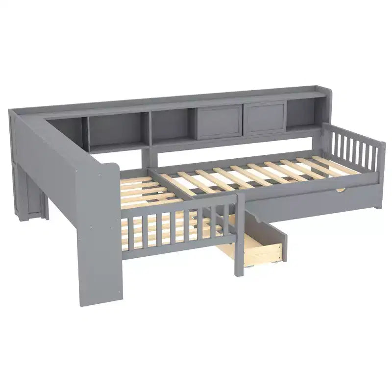 L-shaped Platform Bed Twin Size with Trundle Solid Wood Platform Bed with Storage Drawers and Shelves No Spring Box Needed Grey