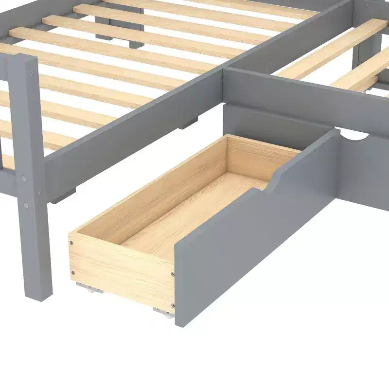 L-shaped Platform Bed Twin Size with Trundle Solid Wood Platform Bed with Storage Drawers and Shelves No Spring Box Needed Grey