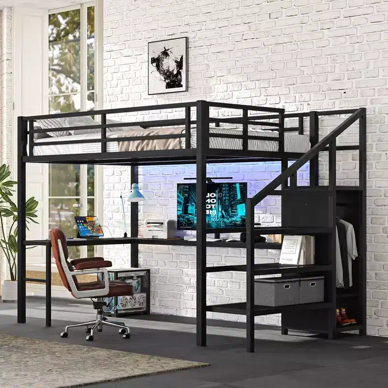 Full Size Loft Bed with L-shaped Desk and USB Metal Loft Bed with Wardrobe and Adjustable Shelf High Loft Bed with LED for Kids Teens Adults Black