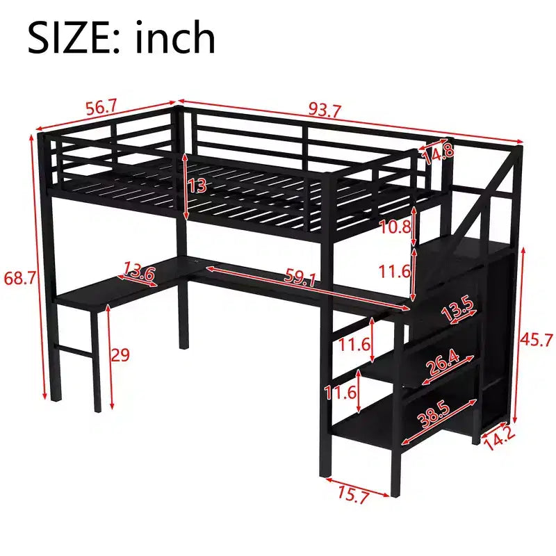 Full Size Loft Bed with L-shaped Desk and USB Metal Loft Bed with Wardrobe and Adjustable Shelf High Loft Bed with LED for Kids Teens Adults Black