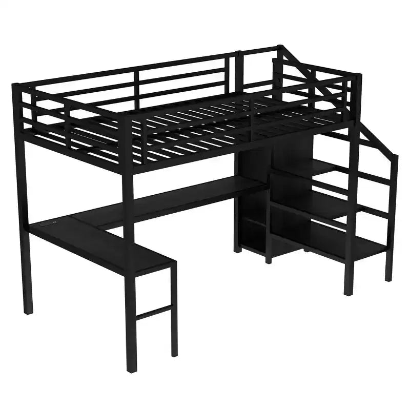 Full Size Loft Bed with L-shaped Desk and USB Metal Loft Bed with Wardrobe and Adjustable Shelf High Loft Bed with LED for Kids Teens Adults Black