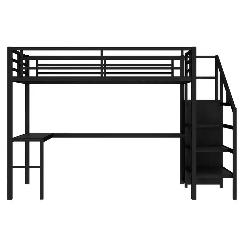 Full Size Loft Bed with L-shaped Desk and USB Metal Loft Bed with Wardrobe and Adjustable Shelf High Loft Bed with LED for Kids Teens Adults Black