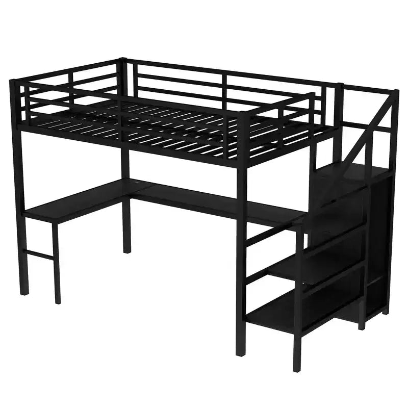 Full Size Loft Bed with L-shaped Desk and USB Metal Loft Bed with Wardrobe and Adjustable Shelf High Loft Bed with LED for Kids Teens Adults Black