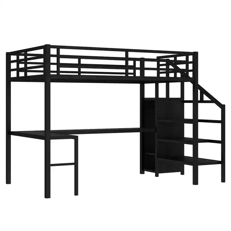 Full Size Loft Bed with L-shaped Desk and USB Metal Loft Bed with Wardrobe and Adjustable Shelf High Loft Bed with LED for Kids Teens Adults Black