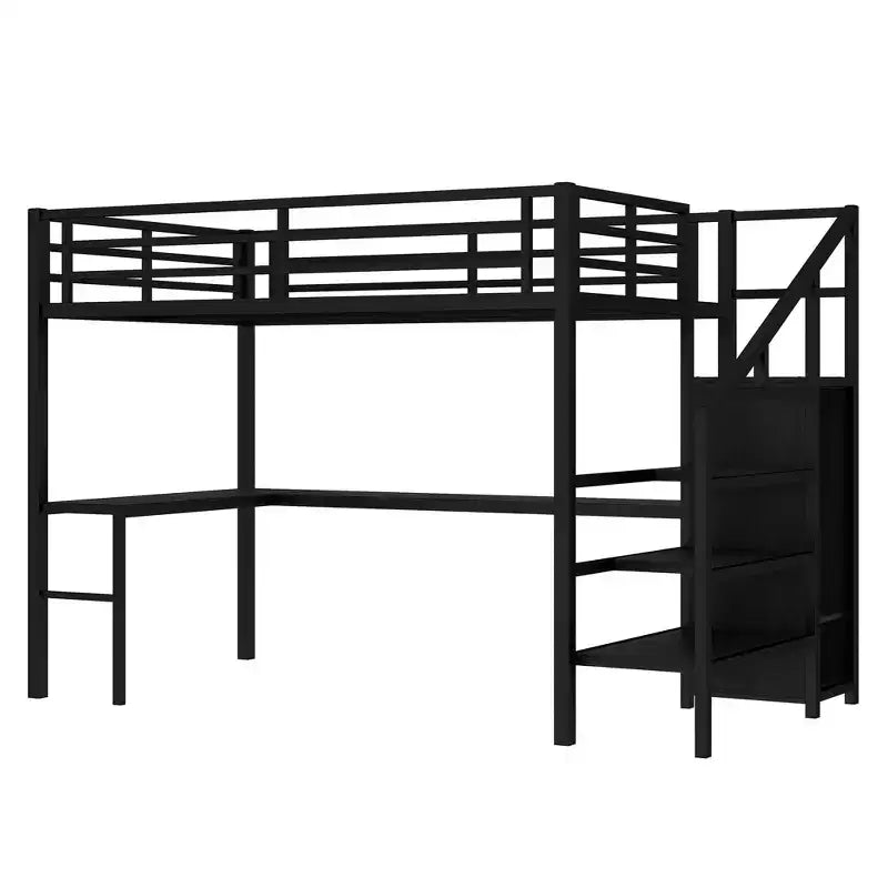 Full Size Loft Bed with L-shaped Desk and USB Metal Loft Bed with Wardrobe and Adjustable Shelf High Loft Bed with LED for Kids Teens Adults Black