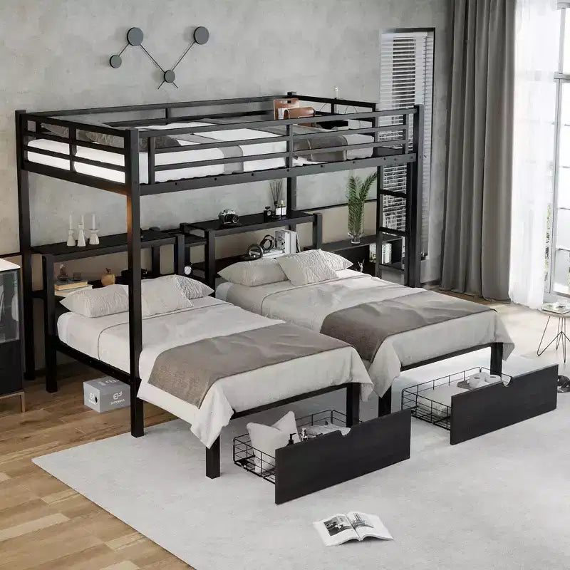 Full XL Over Twin and Twin Triple Bunk Bed with Drawers Multi-functional Metal Frame Bed Bed Head with Shelving and USB Black