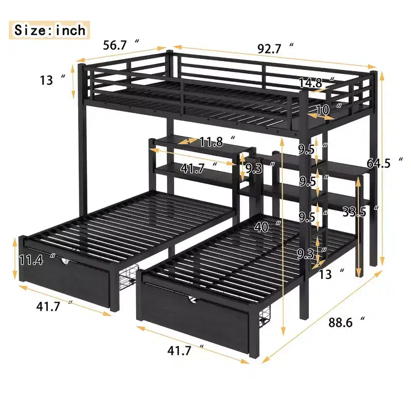 Full XL Over Twin and Twin Triple Bunk Bed with Drawers Multi-functional Metal Frame Bed Bed Head with Shelving and USB Black