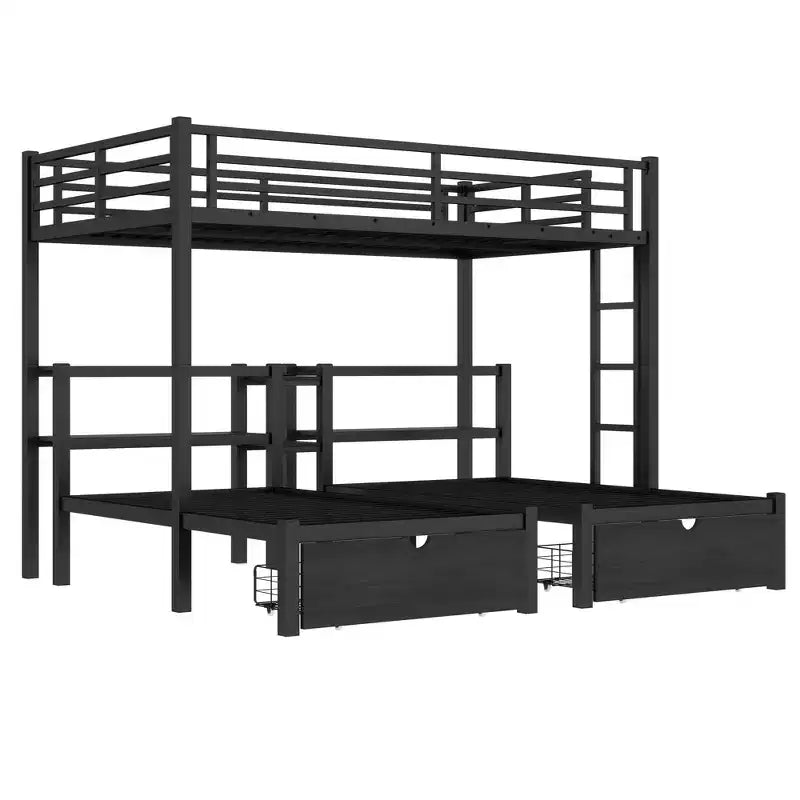 Full XL Over Twin and Twin Triple Bunk Bed with Drawers Multi-functional Metal Frame Bed Bed Head with Shelving and USB Black