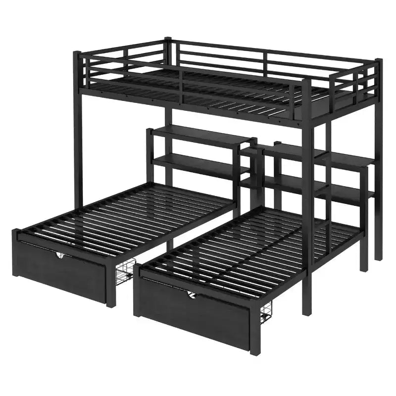 Full XL Over Twin and Twin Triple Bunk Bed with Drawers Multi-functional Metal Frame Bed Bed Head with Shelving and USB Black