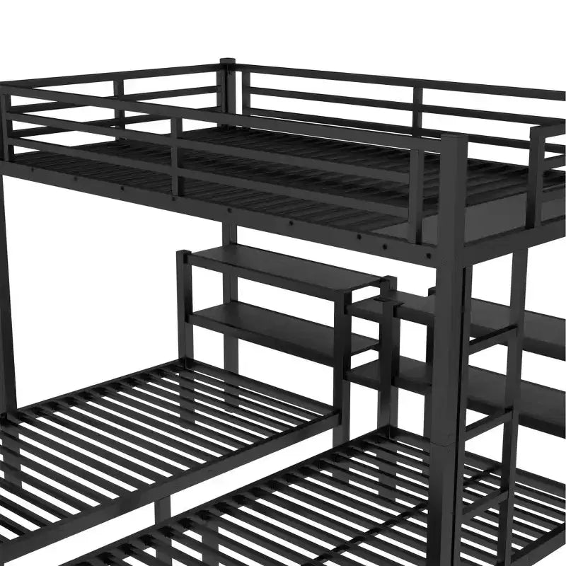 Full XL Over Twin and Twin Triple Bunk Bed with Drawers Multi-functional Metal Frame Bed Bed Head with Shelving and USB Black