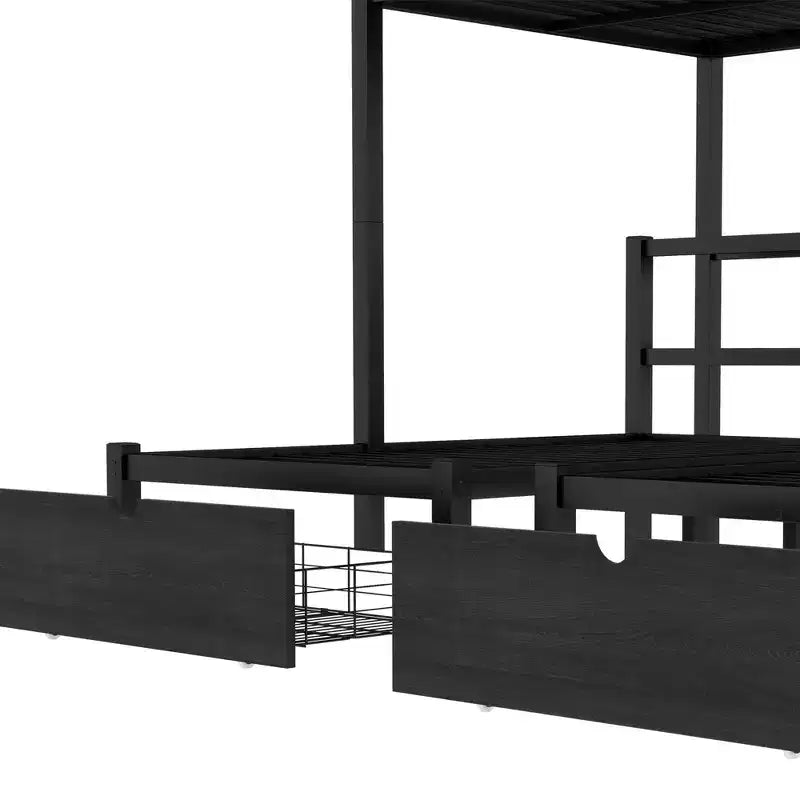 Full XL Over Twin and Twin Triple Bunk Bed with Drawers Multi-functional Metal Frame Bed Bed Head with Shelving and USB Black