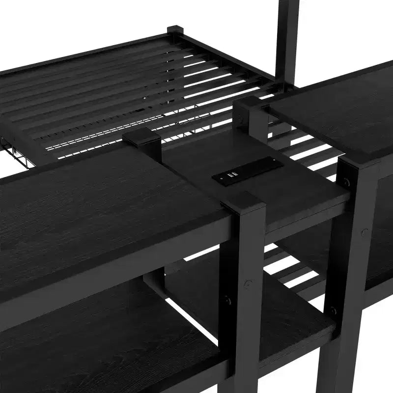 Full XL Over Twin and Twin Triple Bunk Bed with Drawers Multi-functional Metal Frame Bed Bed Head with Shelving and USB Black