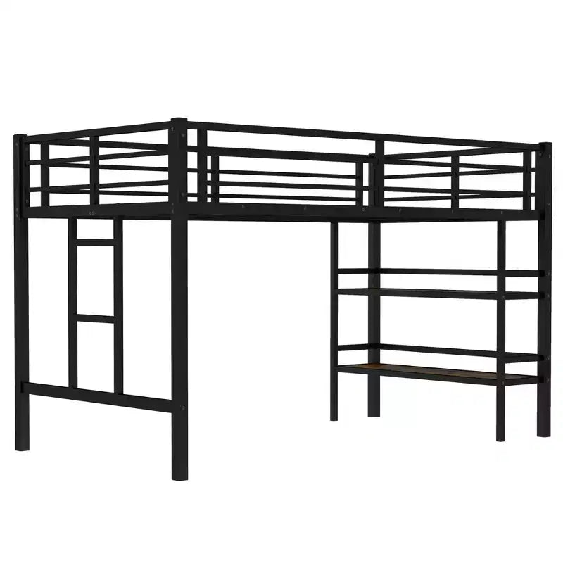 Black Twin Size Metal Loft Bed with Storage Shelf Loft Bed with Easy Climbing Ladder and Guardrails for Kids