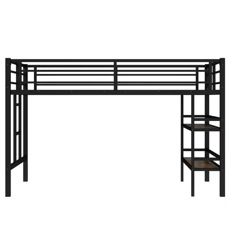 Black Twin Size Metal Loft Bed with Storage Shelf Loft Bed with Easy Climbing Ladder and Guardrails for Kids