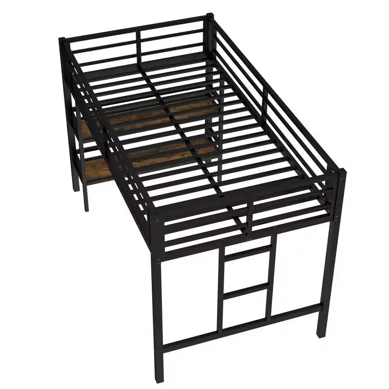 Black Twin Size Metal Loft Bed with Storage Shelf Loft Bed with Easy Climbing Ladder and Guardrails for Kids