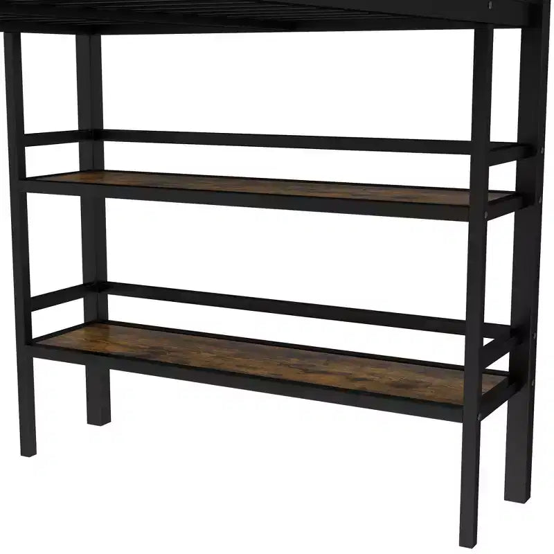 Black Twin Size Metal Loft Bed with Storage Shelf Loft Bed with Easy Climbing Ladder and Guardrails for Kids