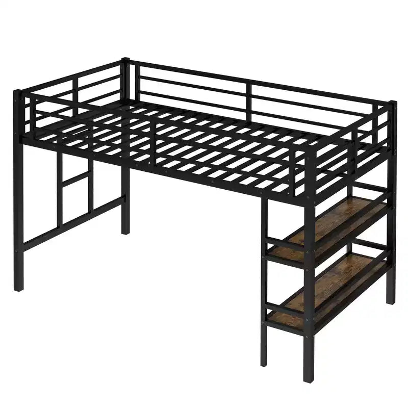 Black Twin Size Metal Loft Bed with Storage Shelf Loft Bed with Easy Climbing Ladder and Guardrails for Kids