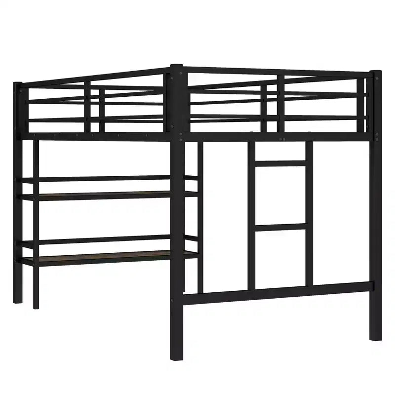 Black Twin Size Metal Loft Bed with Storage Shelf Loft Bed with Easy Climbing Ladder and Guardrails for Kids