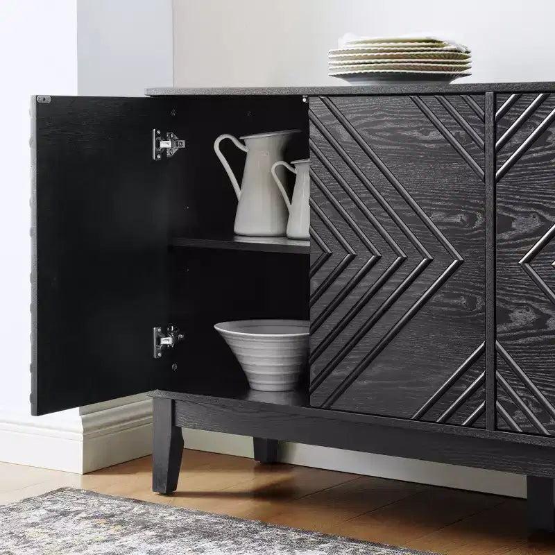 TUYOHW Buffet Cabinet,Buffet Table with Geometric Pattern,Adjustable Shelves,Outlet Holes,Sideboard TV Stand for Living Room,Kitchen,Dining Room,Black