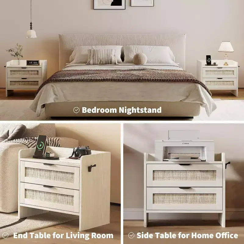 Rattan Bedside Table Nightstand, 2 Drawer, 2 Pcs Bedside Cabinet, Bedroom Organizer and Storage Cabinet for Bedroom Living Room Home Office