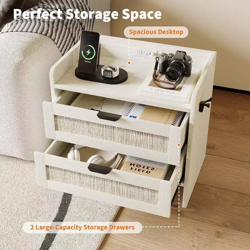 Rattan Bedside Table Nightstand, 2 Drawer, 2 Pcs Bedside Cabinet, Bedroom Organizer and Storage Cabinet for Bedroom Living Room Home Office
