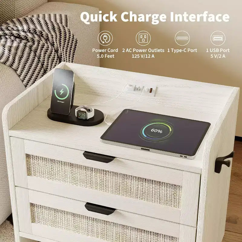 Rattan Bedside Table Nightstand, 2 Drawer, 2 Pcs Bedside Cabinet, Bedroom Organizer and Storage Cabinet for Bedroom Living Room Home Office