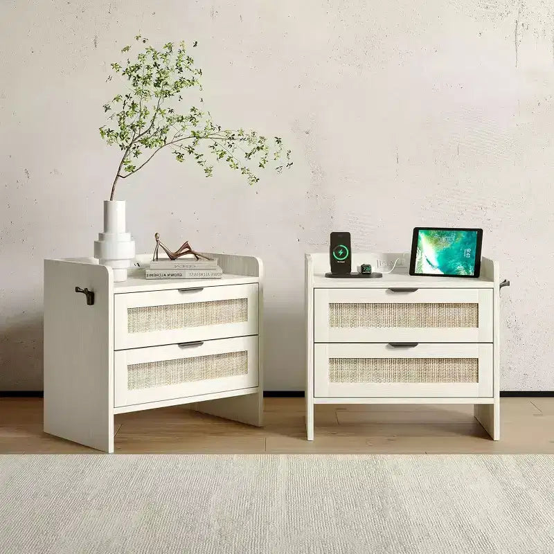 Rattan Bedside Table Nightstand, 2 Drawer, 2 Pcs Bedside Cabinet, Bedroom Organizer and Storage Cabinet for Bedroom Living Room Home Office