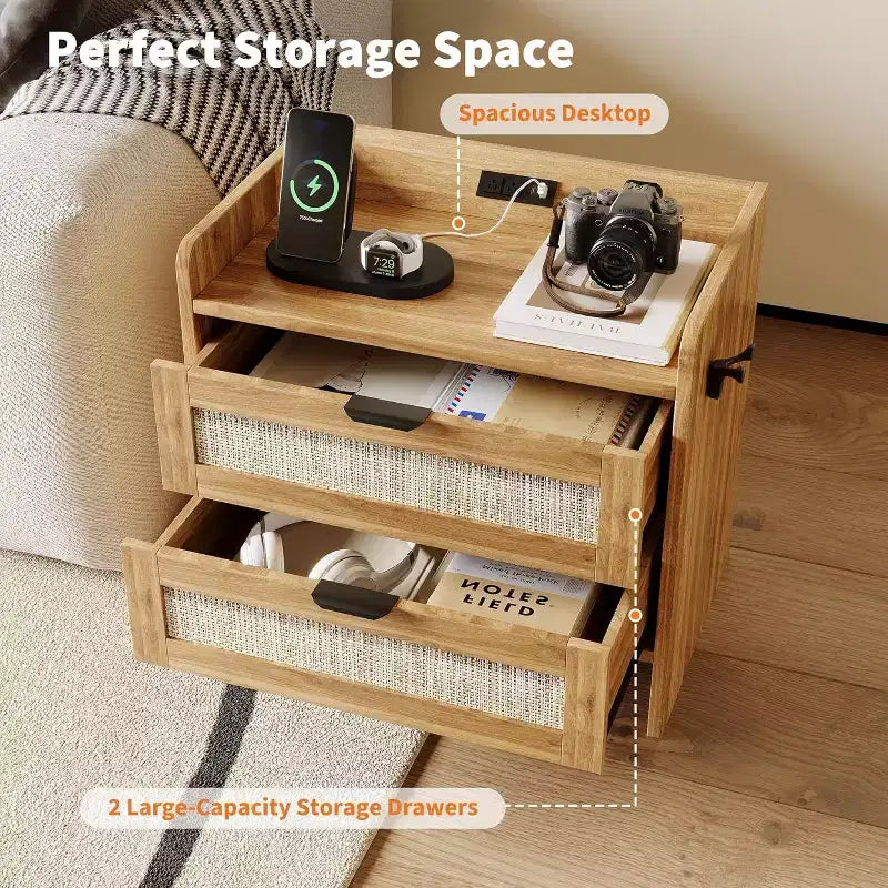 Rattan Bedside Table Nightstand, 2 Drawer, 2 Pcs Bedside Cabinet, Bedroom Organizer and Storage Cabinet for Bedroom Living Room Home Office