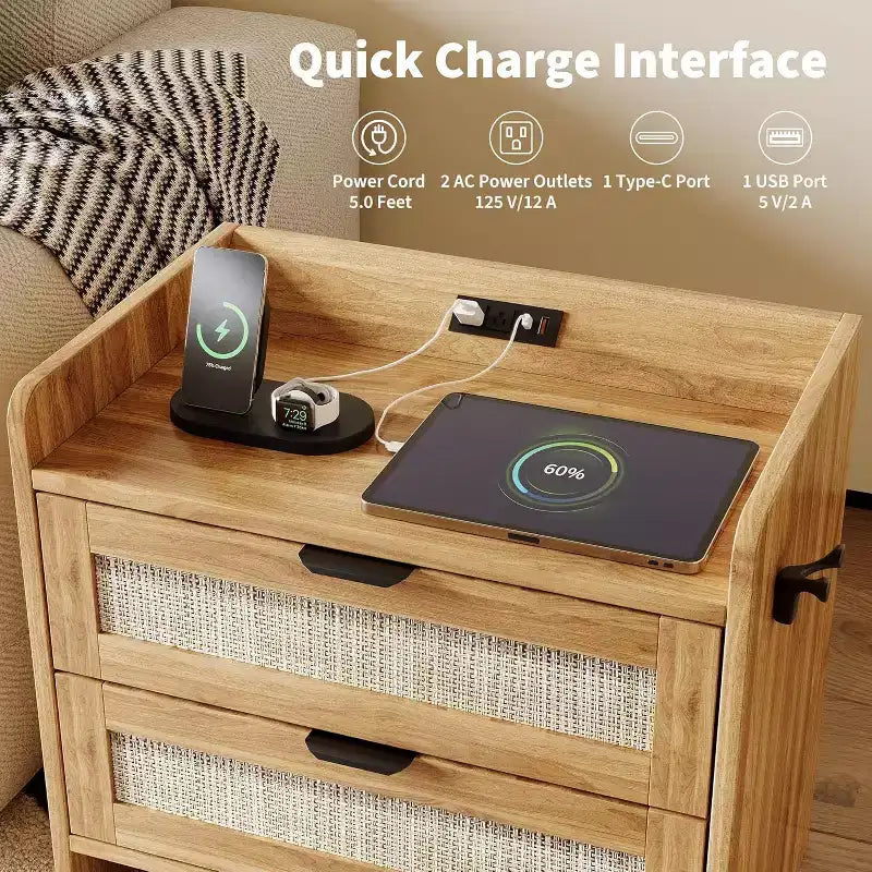 Rattan Bedside Table Nightstand, 2 Drawer, 2 Pcs Bedside Cabinet, Bedroom Organizer and Storage Cabinet for Bedroom Living Room Home Office