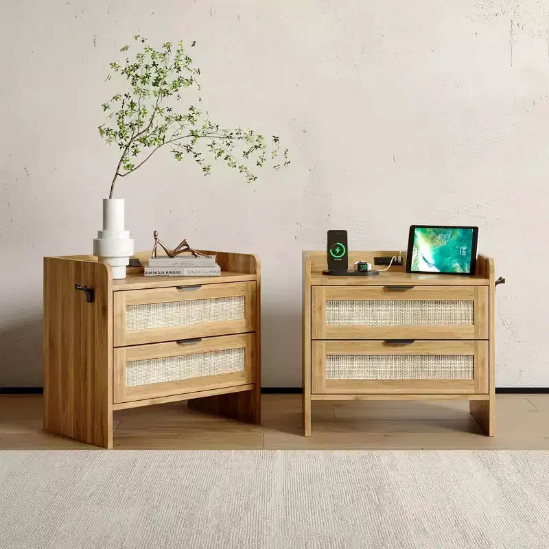 Rattan Bedside Table Nightstand, 2 Drawer, 2 Pcs Bedside Cabinet, Bedroom Organizer and Storage Cabinet for Bedroom Living Room Home Office