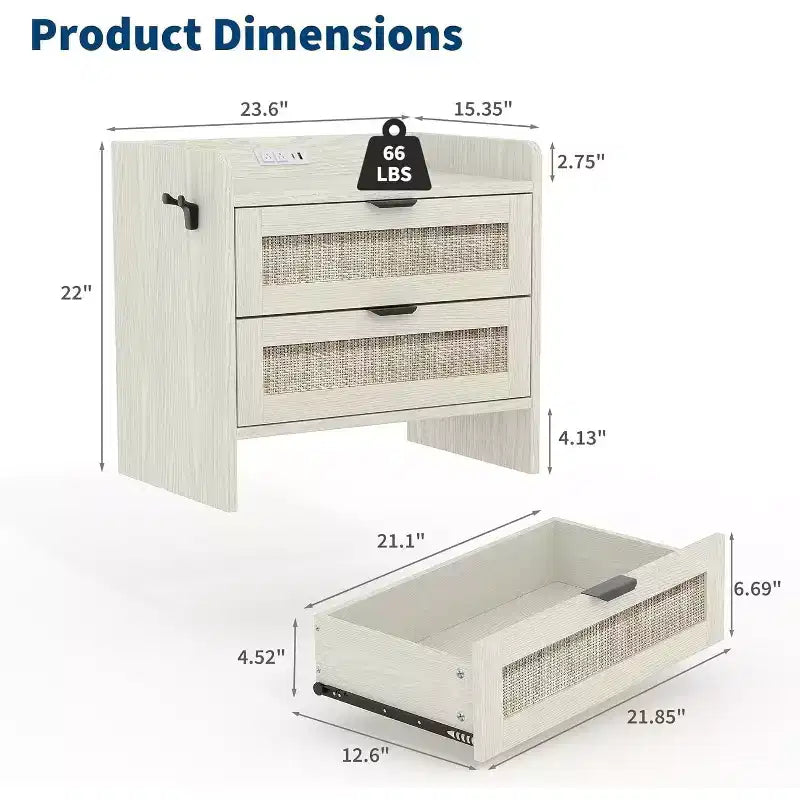 Rattan Bedside Table Nightstand, 2 Drawer, 2 Pcs Bedside Cabinet, Bedroom Organizer and Storage Cabinet for Bedroom Living Room Home Office