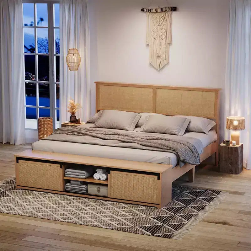 Acekool Rattan Platform Bed Frame with Storage Bench, LED Lights, App Control, Wicker Headboard, Noise-Free Support, No Box Spring Needed