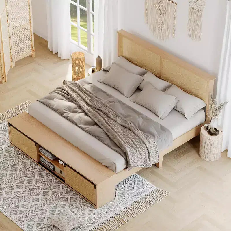Acekool Rattan Platform Bed Frame with Storage Bench, LED Lights, App Control, Wicker Headboard, Noise-Free Support, No Box Spring Needed