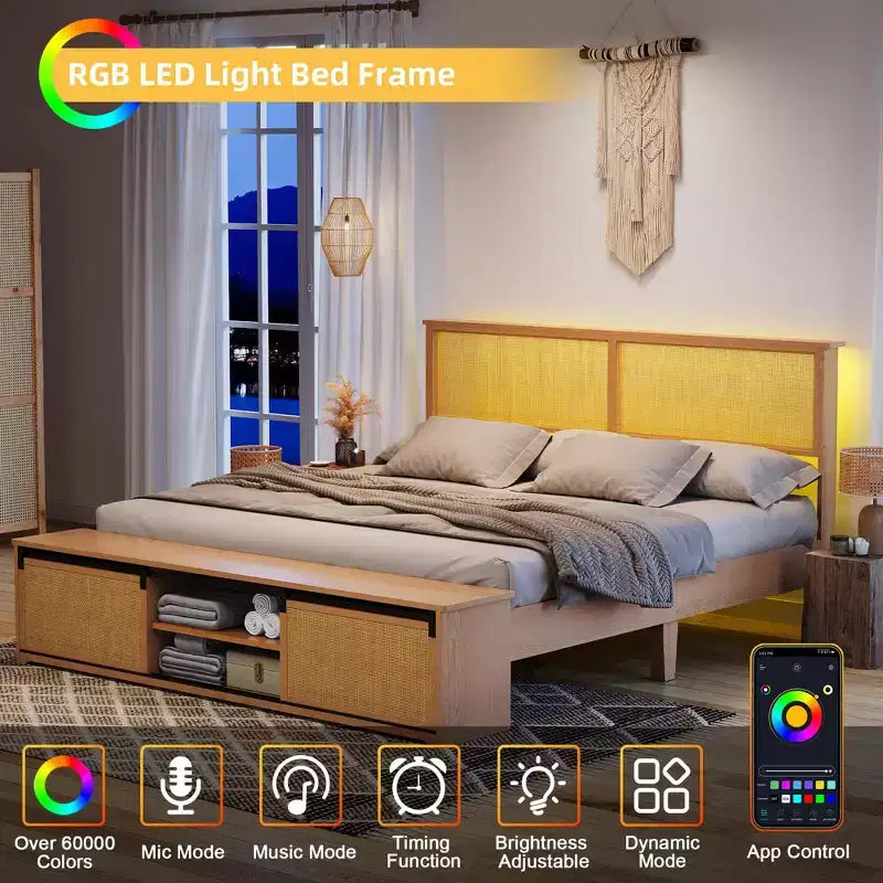 Acekool Rattan Platform Bed Frame with Storage Bench, LED Lights, App Control, Wicker Headboard, Noise-Free Support, No Box Spring Needed