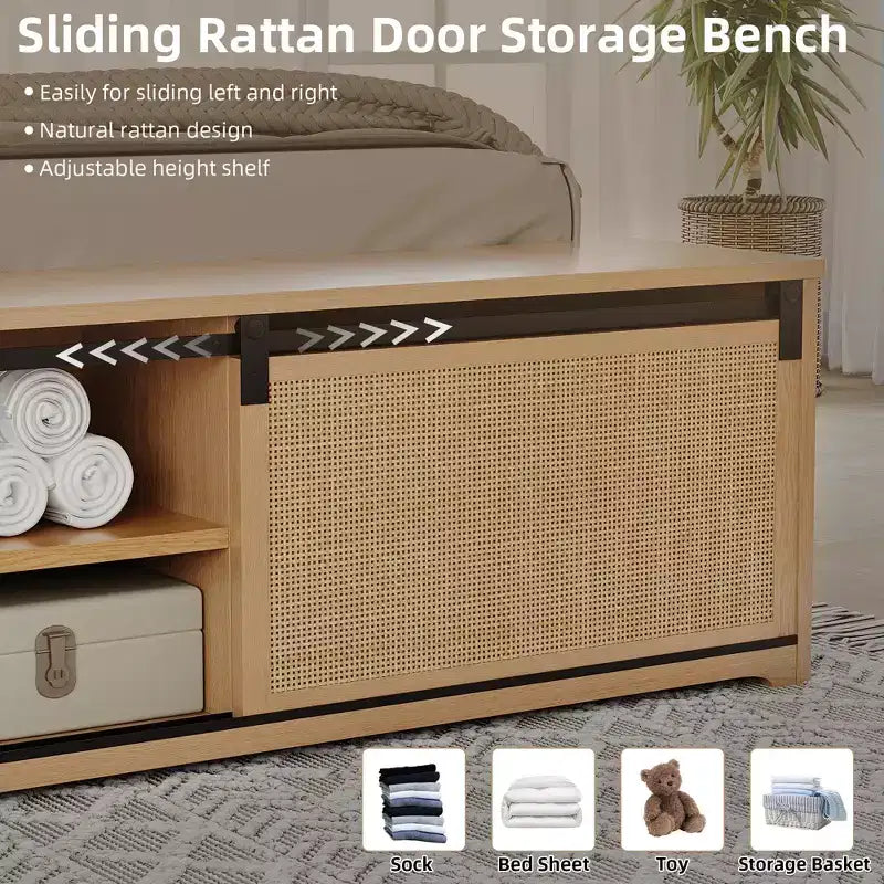 Acekool Rattan Platform Bed Frame with Storage Bench, LED Lights, App Control, Wicker Headboard, Noise-Free Support, No Box Spring Needed
