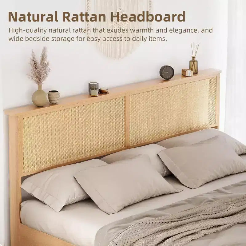Acekool Rattan Platform Bed Frame with Storage Bench, LED Lights, App Control, Wicker Headboard, Noise-Free Support, No Box Spring Needed