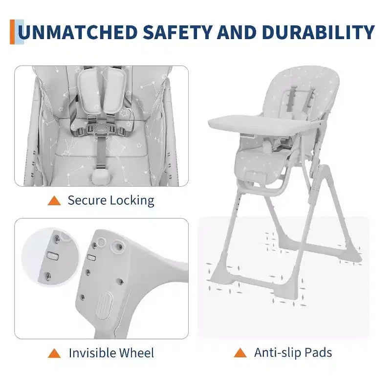 Baby High Chair for Babies and Toddlers Foldable Feeding Chair with Adjustable Height/Backrest/Footrest, Removable Tray, Fast Folding Design