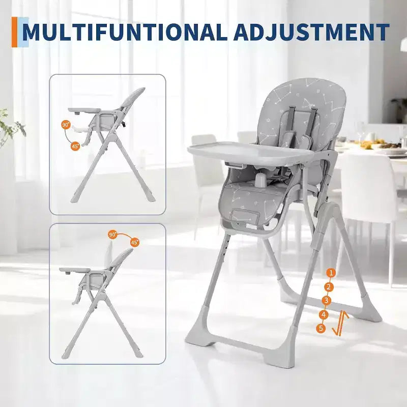 Baby High Chair for Babies and Toddlers Foldable Feeding Chair with Adjustable Height/Backrest/Footrest, Removable Tray, Fast Folding Design