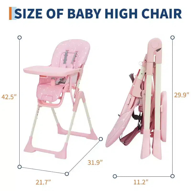 Baby High Chair for Babies and Toddlers Foldable Feeding Chair with Adjustable Height/Backrest/Footrest, Removable Tray, Fast Folding Design