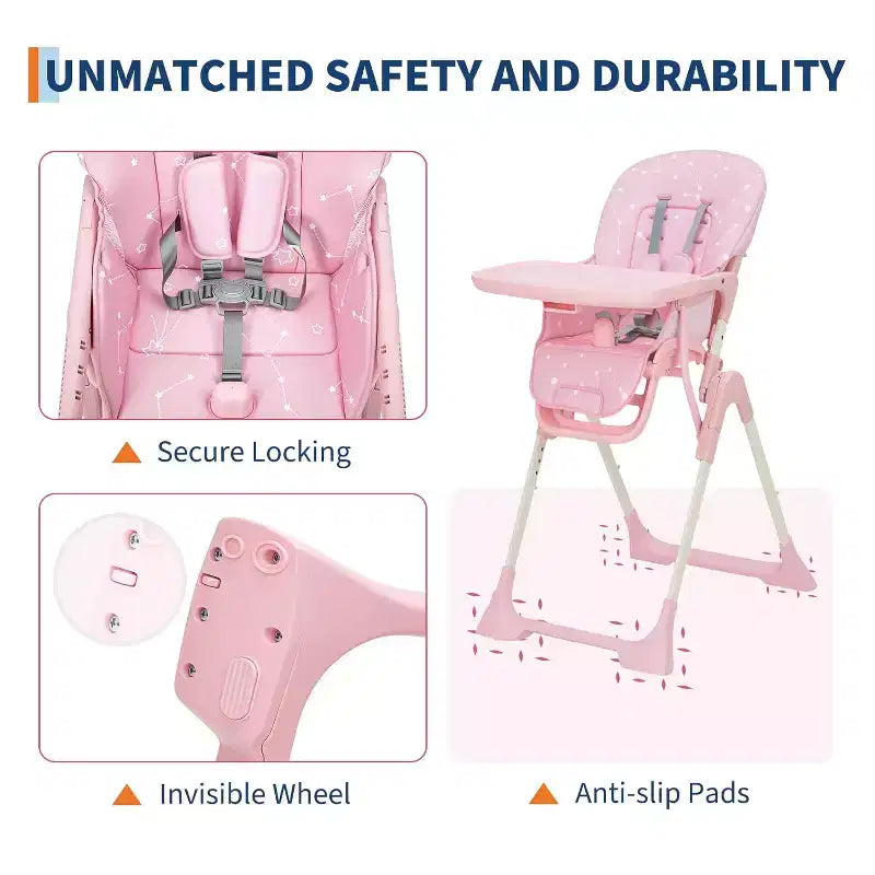 Baby High Chair for Babies and Toddlers Foldable Feeding Chair with Adjustable Height/Backrest/Footrest, Removable Tray, Fast Folding Design